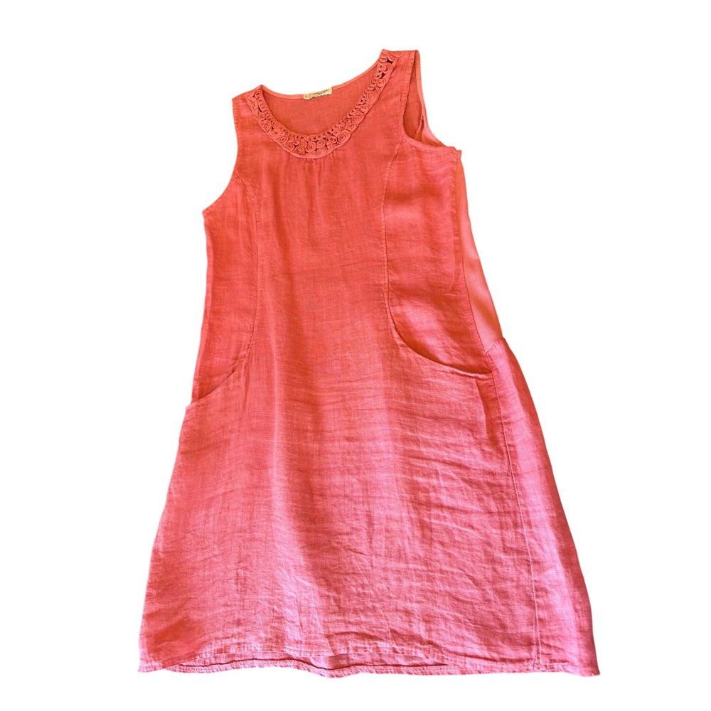 Lungo L'Arno Dress Pink Linen Rosette Neck Sleeveless Shift Made in Italy 28011